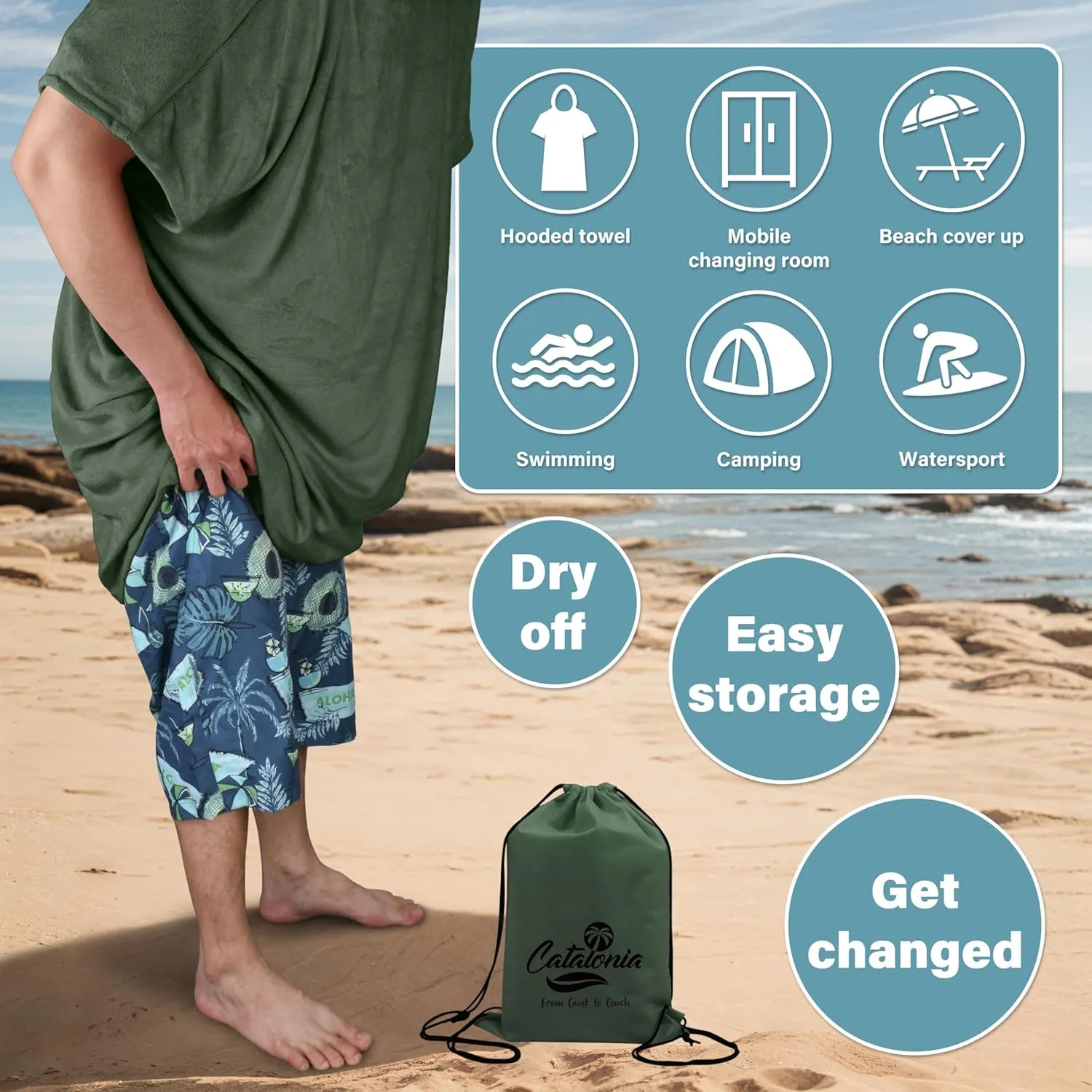 Catalonia Absorbent Surf Poncho Men Women, Quick Dry Towel Changing Poncho, Hooded Towel Poncho Adult, Changing Robe for Beach Surfing Swimming
