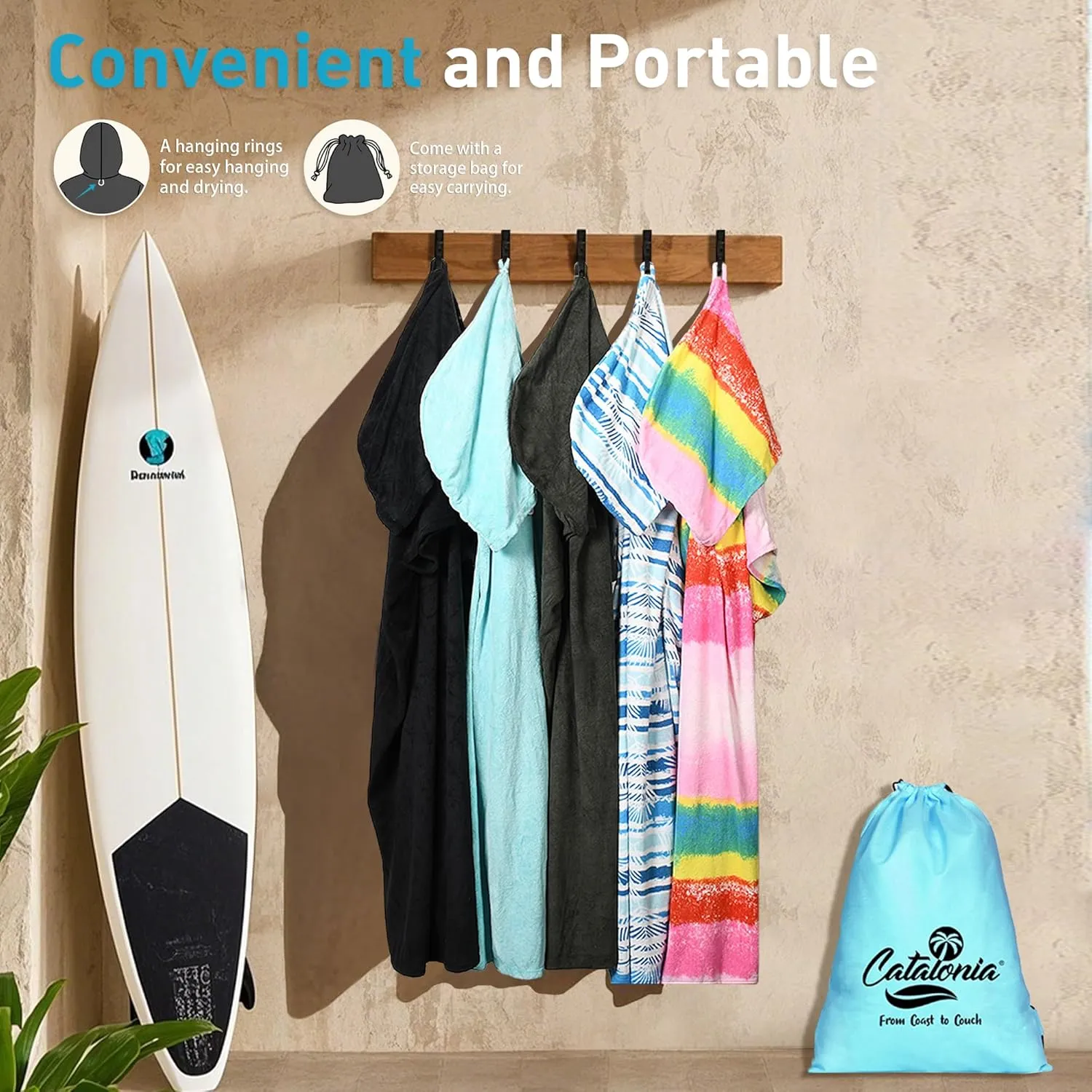 Catalonia Absorbent Surf Poncho Men Women, Quick Dry Towel Changing Poncho, Hooded Towel Poncho Adult, Changing Robe for Beach Surfing Swimming