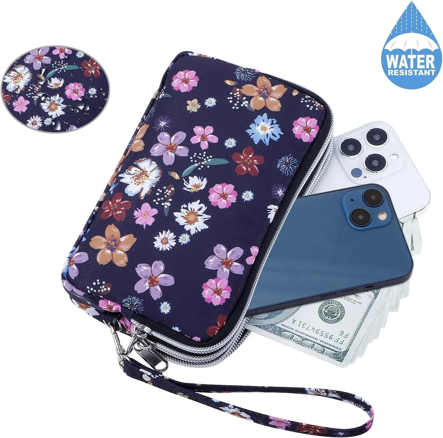 Cellphone Wristlet Wallets for Women Large Capacity Clutch Purse 3 Zipper Compartments 6 Card Slots Anti-water Handbag