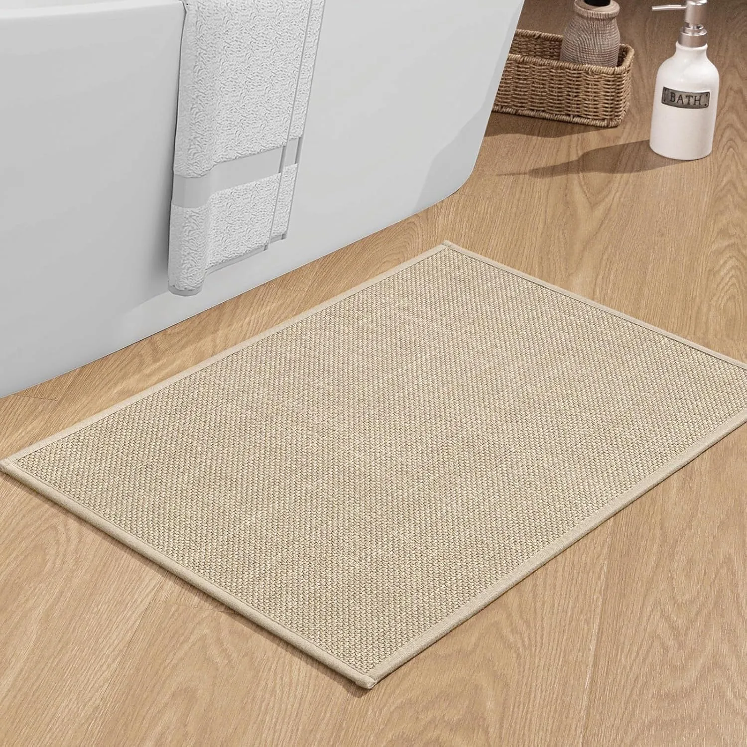 chakme Bathroom Rugs Mat 24x17, Ultra Thin Non Slip Bath Mat Small Quick Dry Absorbent Bath Mat for Bathroom Floor, (Light Beige, 24"x17")