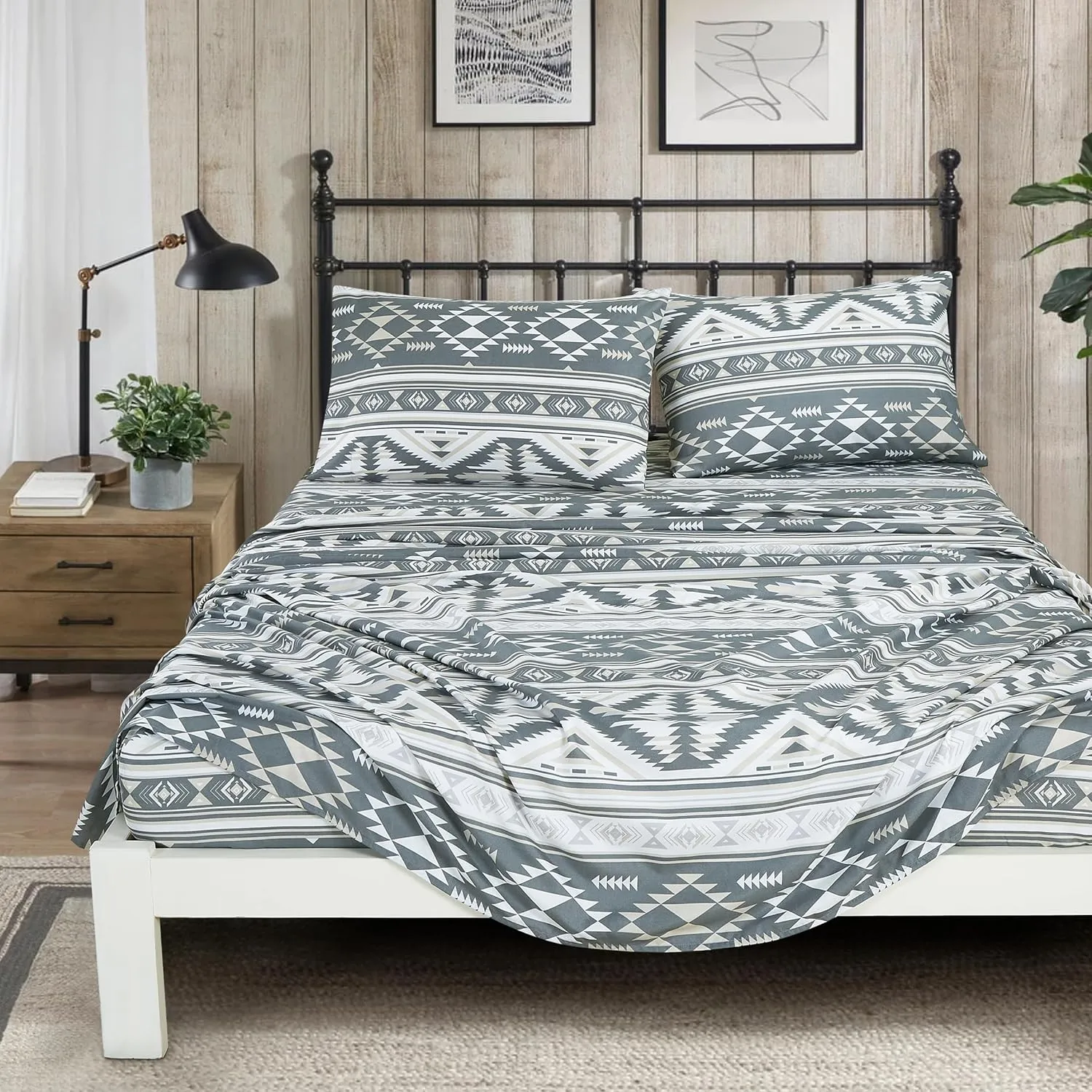 Chezmoi Collection 4-Piece Southwestern Geometric Motif Sheet Set Full Size - Multicolor Gray White Light Brown Printed Brushed Microfiber Lightweight Breathable Deep Pocket Bed Sheets