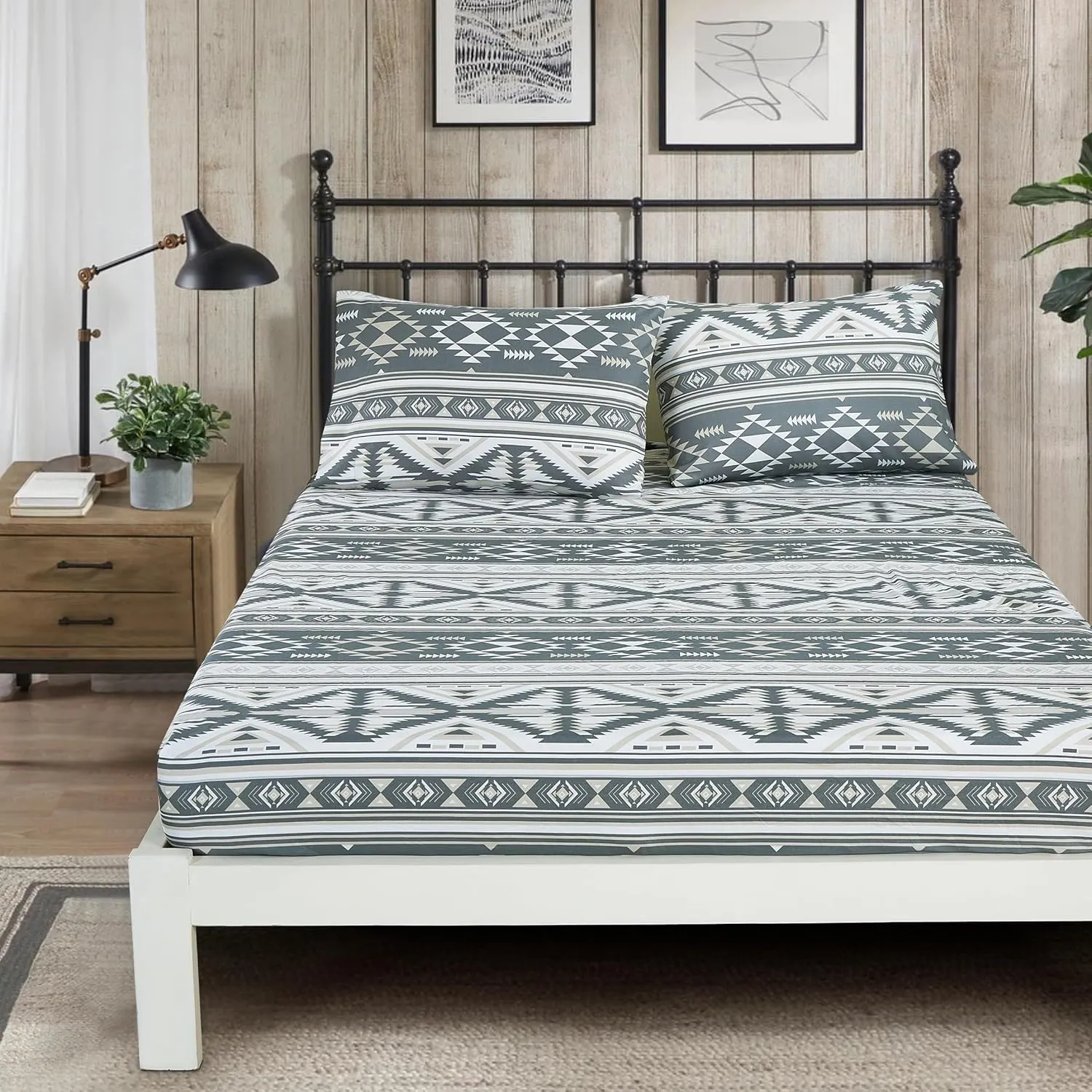 Chezmoi Collection 4-Piece Southwestern Geometric Motif Sheet Set Full Size - Multicolor Gray White Light Brown Printed Brushed Microfiber Lightweight Breathable Deep Pocket Bed Sheets