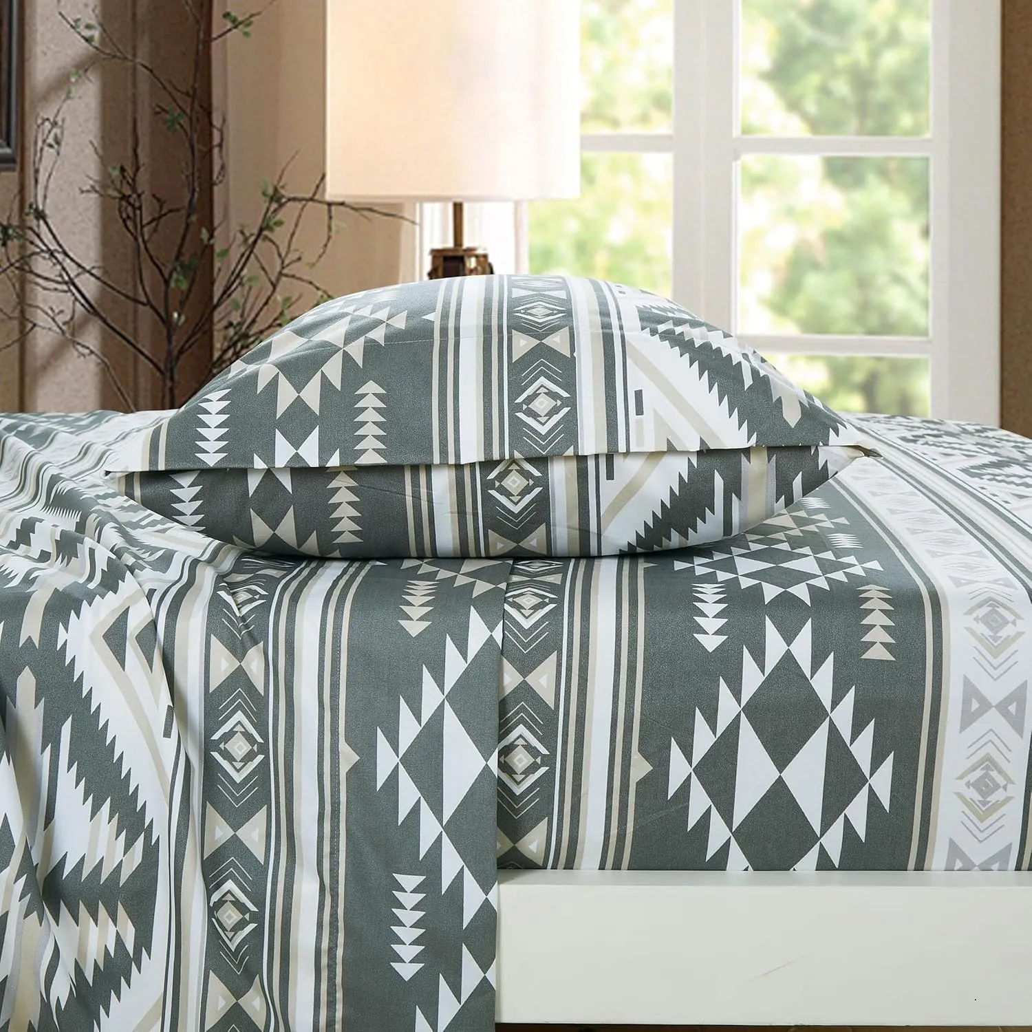 Chezmoi Collection 4-Piece Southwestern Geometric Motif Sheet Set Full Size - Multicolor Gray White Light Brown Printed Brushed Microfiber Lightweight Breathable Deep Pocket Bed Sheets