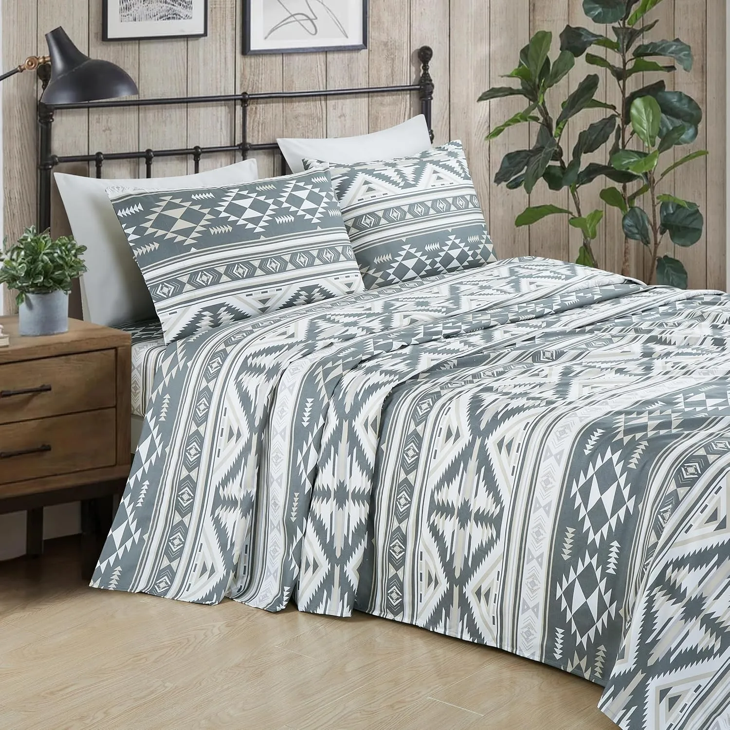Chezmoi Collection 4-Piece Southwestern Geometric Motif Sheet Set Full Size - Multicolor Gray White Light Brown Printed Brushed Microfiber Lightweight Breathable Deep Pocket Bed Sheets