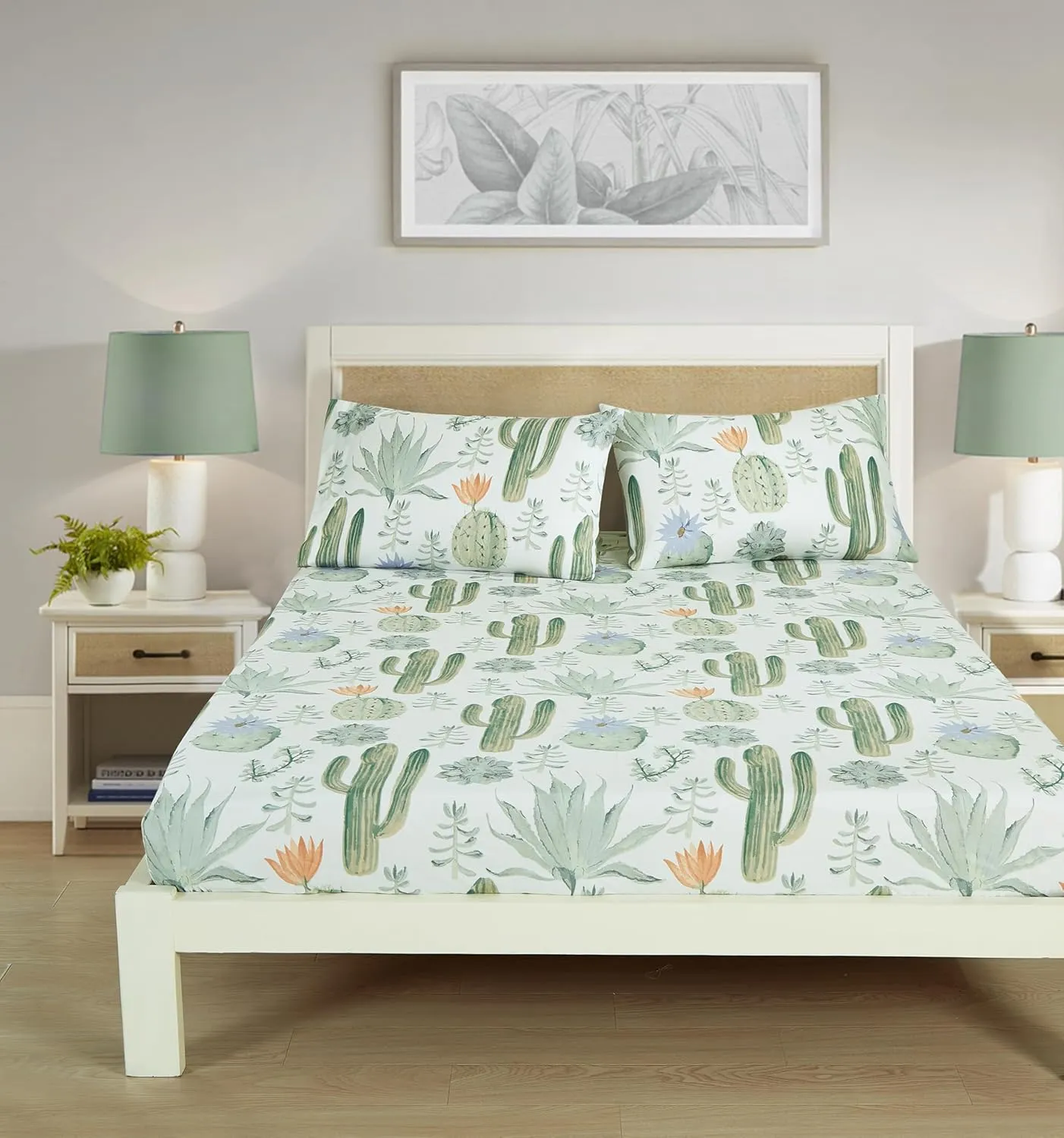 Chezmoi Collection 4-Piece Southwestern Serene Desert Sheet Set Queen Size - Green Blue Cactus Succulent Plant Printed Brushed Microfiber Lightweight Breathable Deep Pocket Bed Sheets