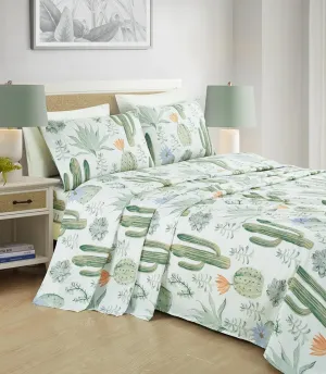 Chezmoi Collection 4-Piece Southwestern Serene Desert Sheet Set Queen Size - Green Blue Cactus Succulent Plant Printed Brushed Microfiber Lightweight Breathable Deep Pocket Bed Sheets