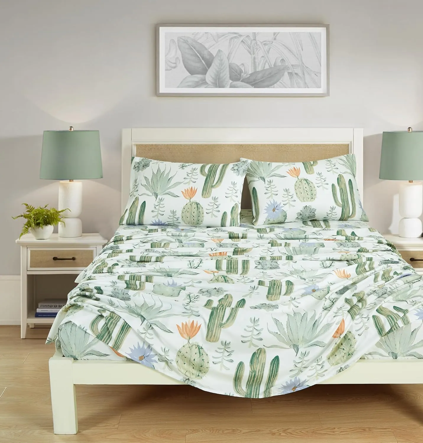 Chezmoi Collection 4-Piece Southwestern Serene Desert Sheet Set Queen Size - Green Blue Cactus Succulent Plant Printed Brushed Microfiber Lightweight Breathable Deep Pocket Bed Sheets