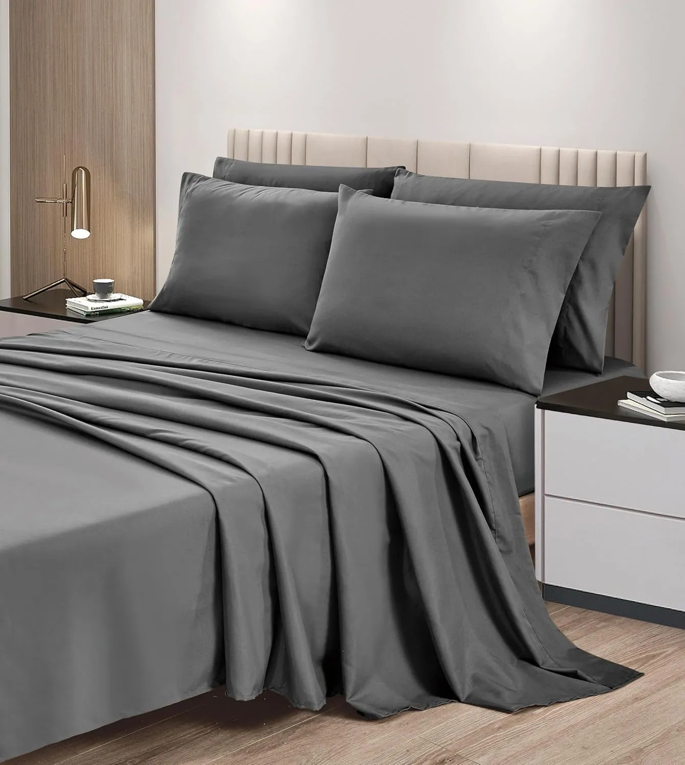 Chezmoi Collection 6-Piece Gray Sheet Set California King - Extra Soft Breathable Brushed Microfiber Bed Sheets with 15" Deep Pocket & 4 Pillowcases