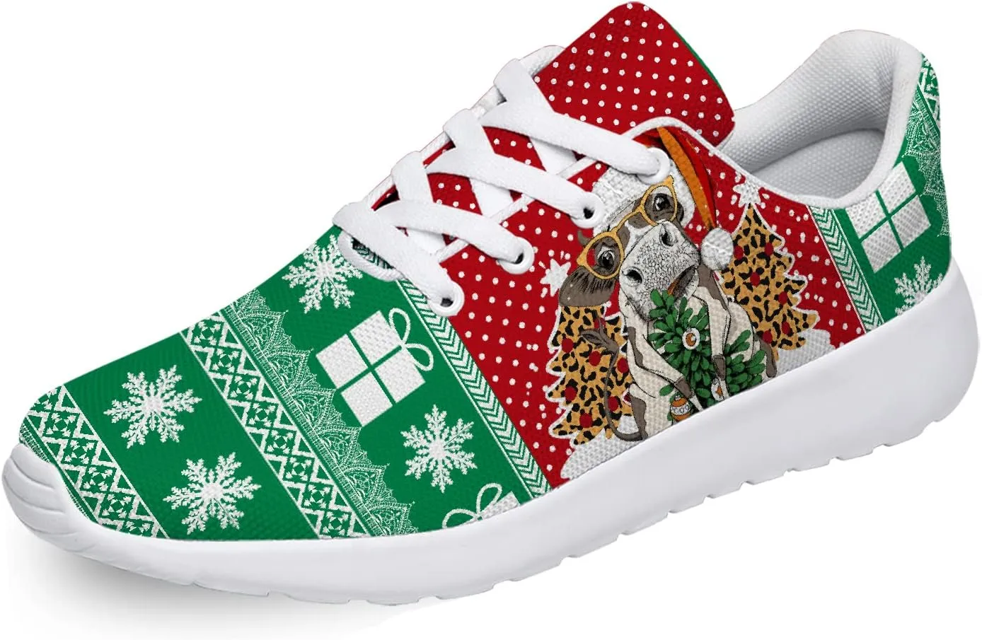 Christmas Themed Shoes Men Women Running Sneaker Tennis Walking Shoes Green Red Christmas Cow Print Shoes Gifts for Big Broghter,US Size 5.5 Women/3.5 Men