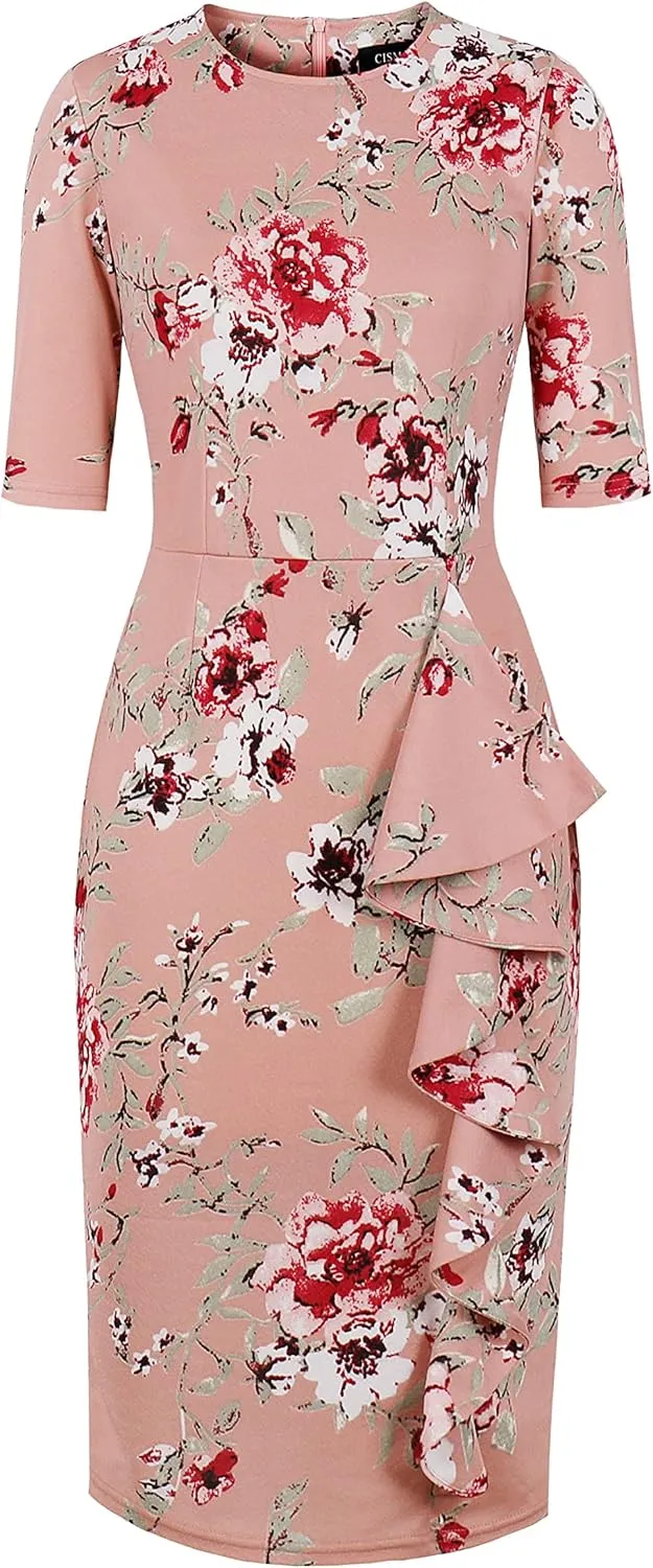 CISMARK Women's Vintage Short Sleeve Polka Dot Falbala Fold Slim Fit Pencil Dress