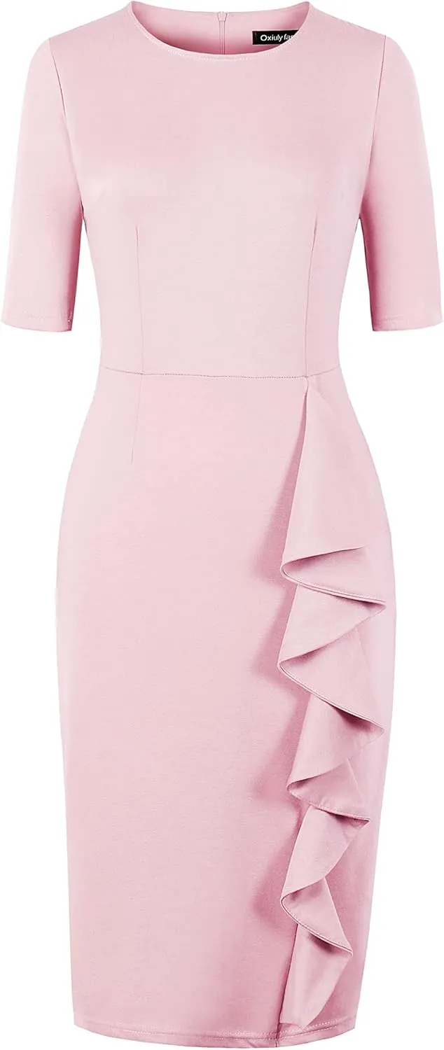 CISMARK Women's Vintage Short Sleeve Polka Dot Falbala Fold Slim Fit Pencil Dress