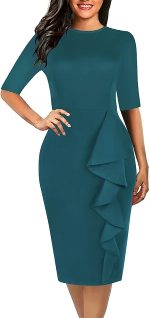 CISMARK Women's Vintage Short Sleeve Polka Dot Falbala Fold Slim Fit Pencil Dress