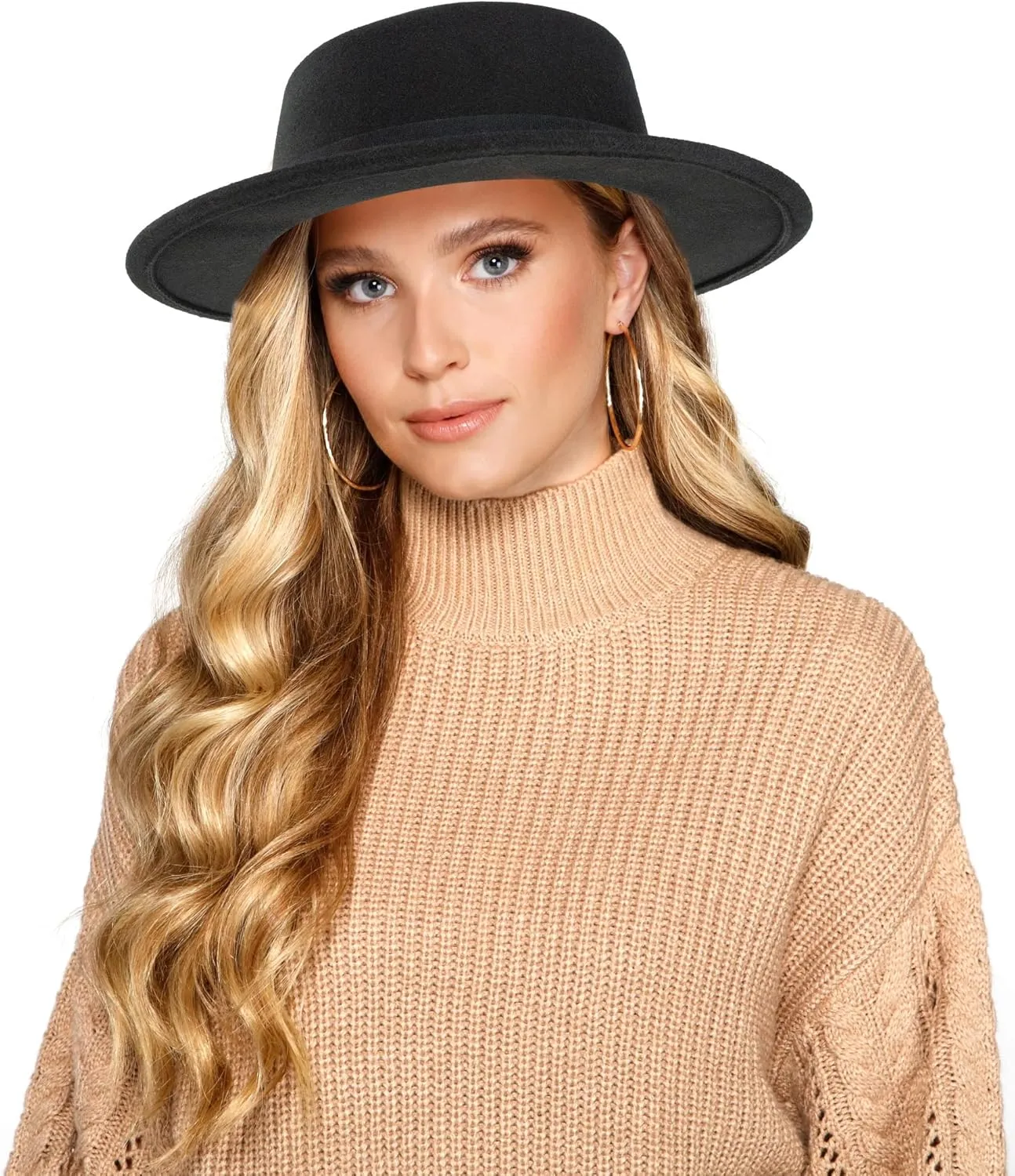 Classic Flat Top Fedora for Women - Mens Bowknot Porkpie Felt Boater Hat (Size: S-M)