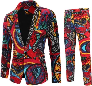Cloudstyle Mens 2 Piece Print Suit Floral Party Dress Jacket Slim 2 Button Blazer Pants