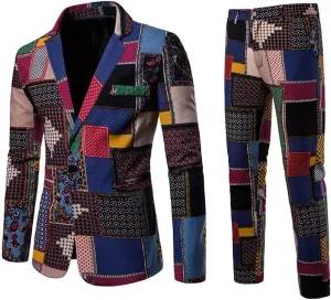 Cloudstyle Mens 2 Piece Print Suit Floral Party Dress Jacket Slim 2 Button Blazer Pants