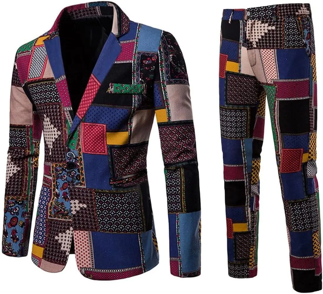Cloudstyle Mens 2 Piece Print Suit Floral Party Dress Jacket Slim 2 Button Blazer Pants