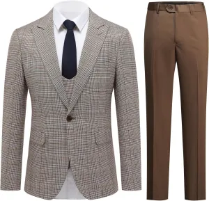 Cloudstyle Mens 3-Piece Plaid Suit Set Modern Fit Jacket Tux Blazer Vest Pants