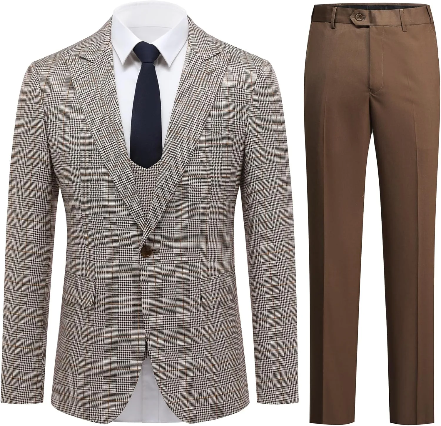 Cloudstyle Mens 3-Piece Plaid Suit Set Modern Fit Jacket Tux Blazer Vest Pants