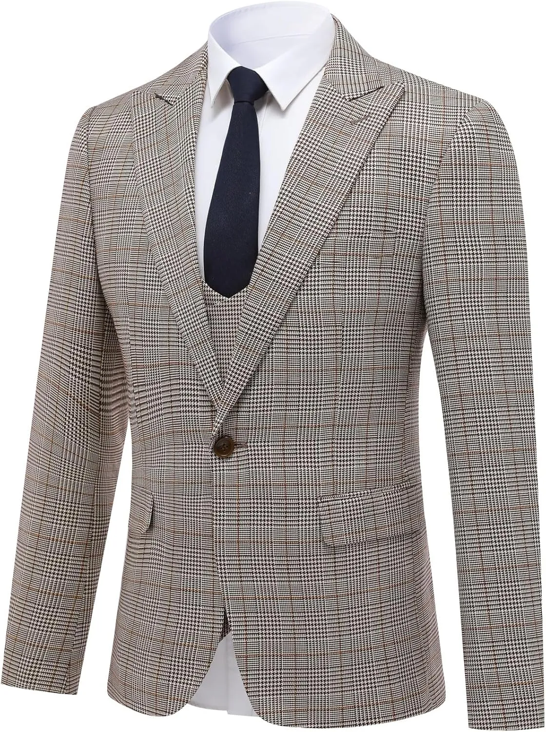 Cloudstyle Mens 3-Piece Plaid Suit Set Modern Fit Jacket Tux Blazer Vest Pants