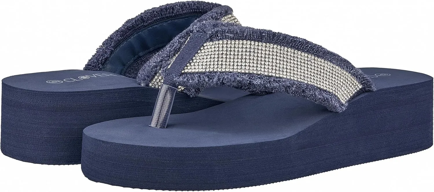 CLOVERLAY Women's Platform Flip Flops Rhinestone Glitter Sandals High Wedge Sandal