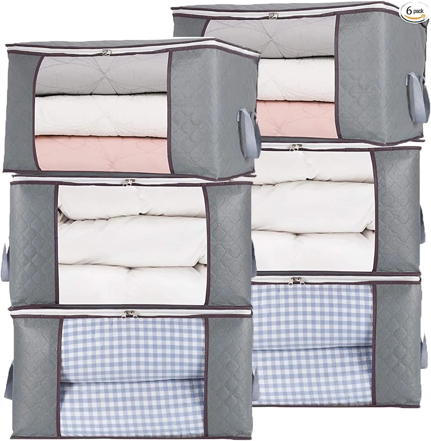combocube 6Pcs Jumbo Zippered Storage Bag for Closet King Comforter, pillow, quilt, bedding, Clothes, Blanket Organizers with Large Clear Window & Carry Handles Space Saver