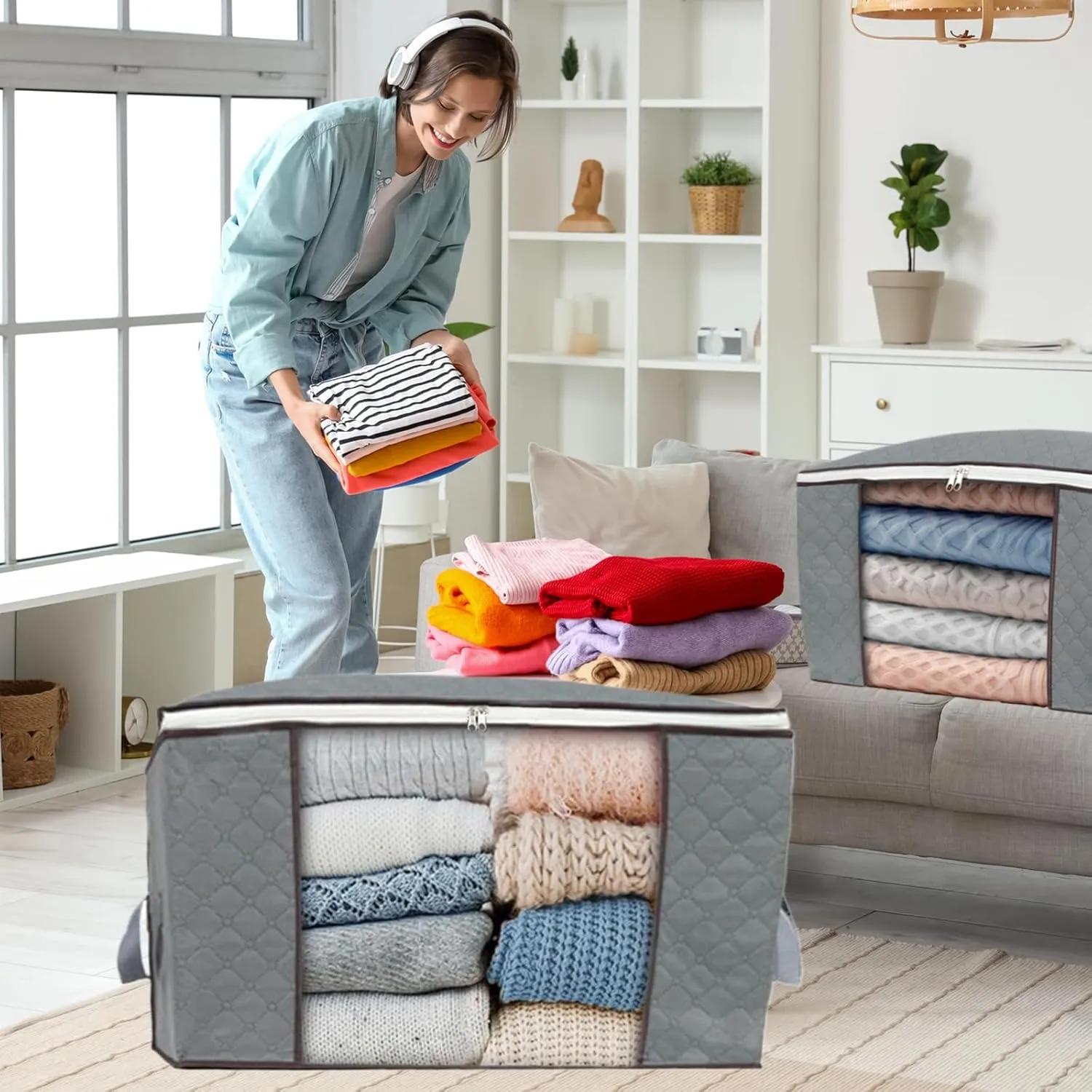 combocube 6Pcs Jumbo Zippered Storage Bag for Closet King Comforter, pillow, quilt, bedding, Clothes, Blanket Organizers with Large Clear Window & Carry Handles Space Saver