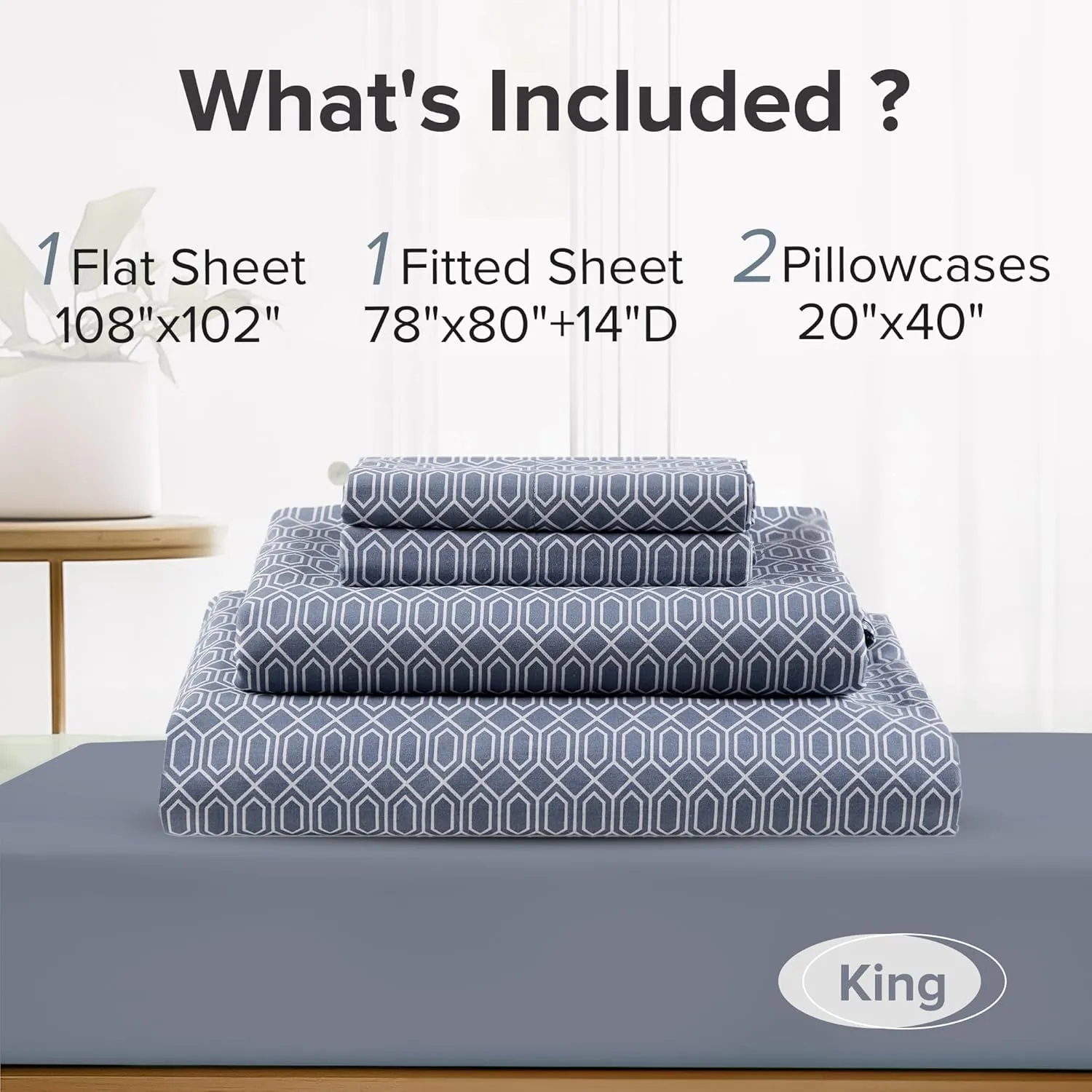 Comfort Spaces 100% Cotton Sheet Set Breathable, Lightweight, Soft with 14" Elastic Pocket Fits up to 16" Mattress, All Season Cozy Bedding, Matching Pillow Case, King Diamond Blue 4 Piece