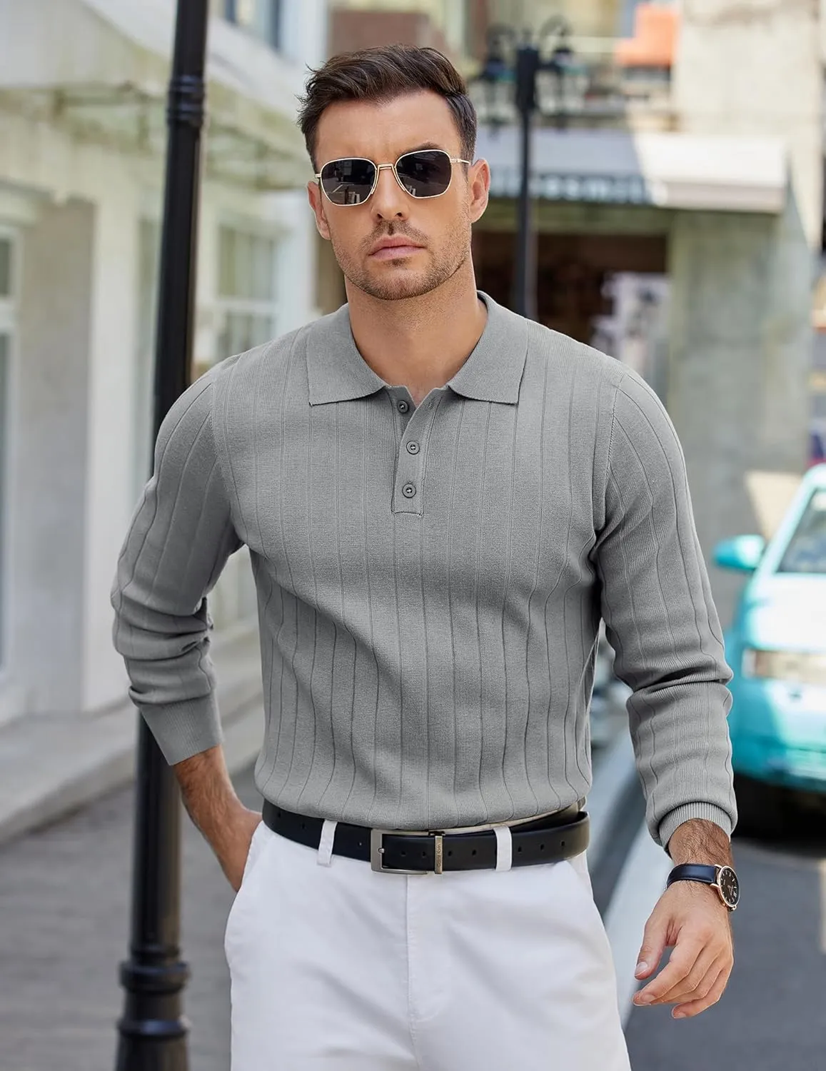 COOFANDY Mens Knit Polo Sweater Long Sleeve Polos Lightweight Casual Dress Pullover Sweaters