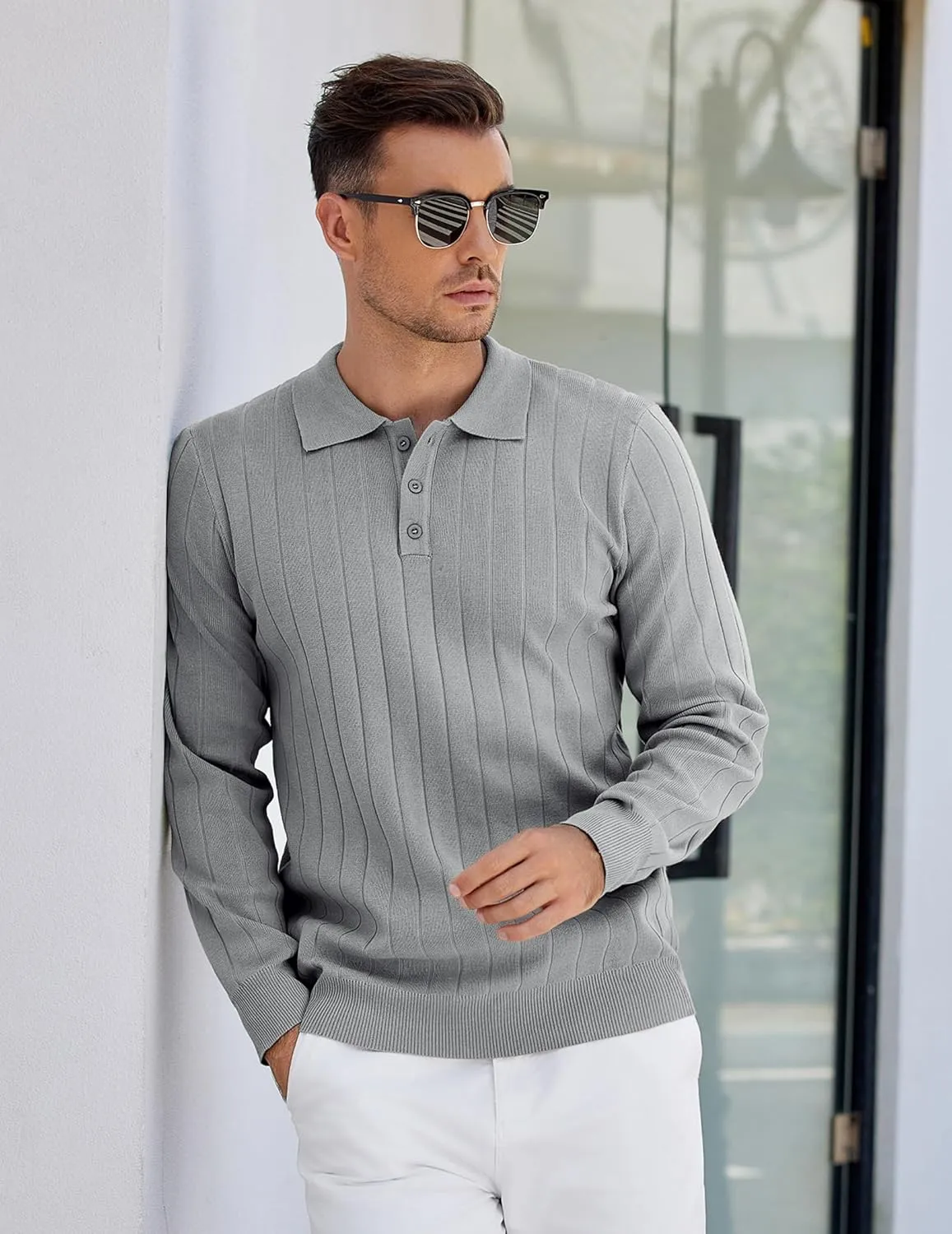 COOFANDY Mens Knit Polo Sweater Long Sleeve Polos Lightweight Casual Dress Pullover Sweaters