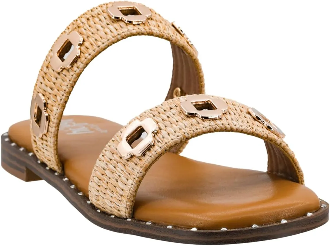 Corkys Footwear Low Tide Double Strap Sandal - Featuring Two Metal-Accented Straps, A Cushioned Insole, Studded Outsole, Easy and Convenient Slip-On design