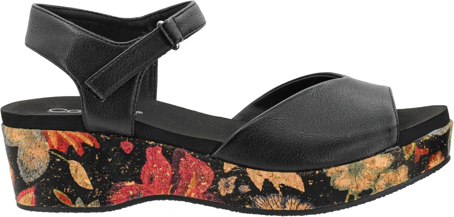 Corkys Footwear Women's Meet Ya There 1.5-Inch Wedge - Timeless Wide Toe Strap, Hook And Loop Strap Ankle Closure, And Cushioned EVA Insoles For All-Day Comfort - Black -