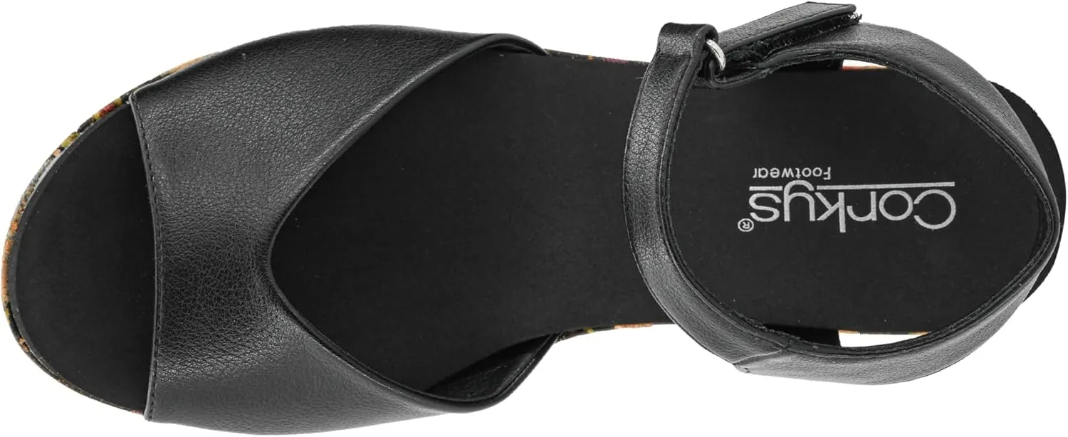 Corkys Footwear Women's Meet Ya There 1.5-Inch Wedge - Timeless Wide Toe Strap, Hook And Loop Strap Ankle Closure, And Cushioned EVA Insoles For All-Day Comfort - Black -