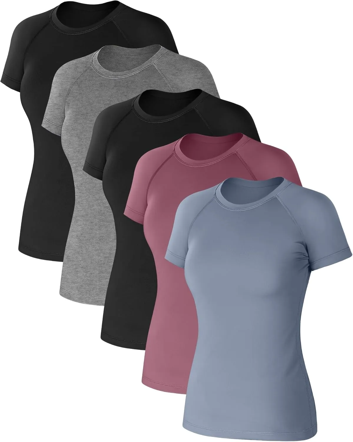 Coume 5 Pack Women's Compression Shirts Short Sleeve Workout Tops Dry Fit Crew Neck Athletic T Shirts Yoga Running Tight Tee