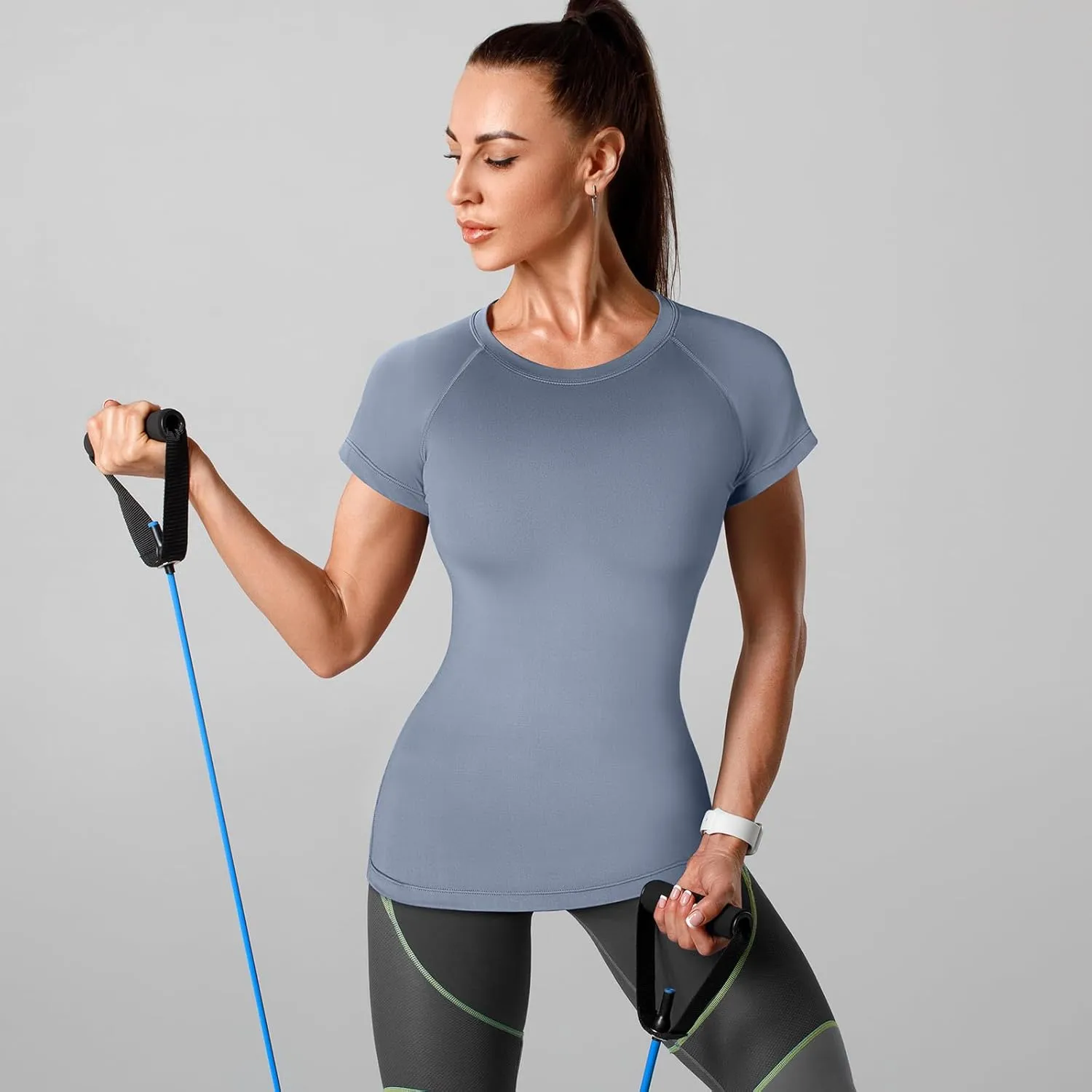 Coume 5 Pack Women's Compression Shirts Short Sleeve Workout Tops Dry Fit Crew Neck Athletic T Shirts Yoga Running Tight Tee