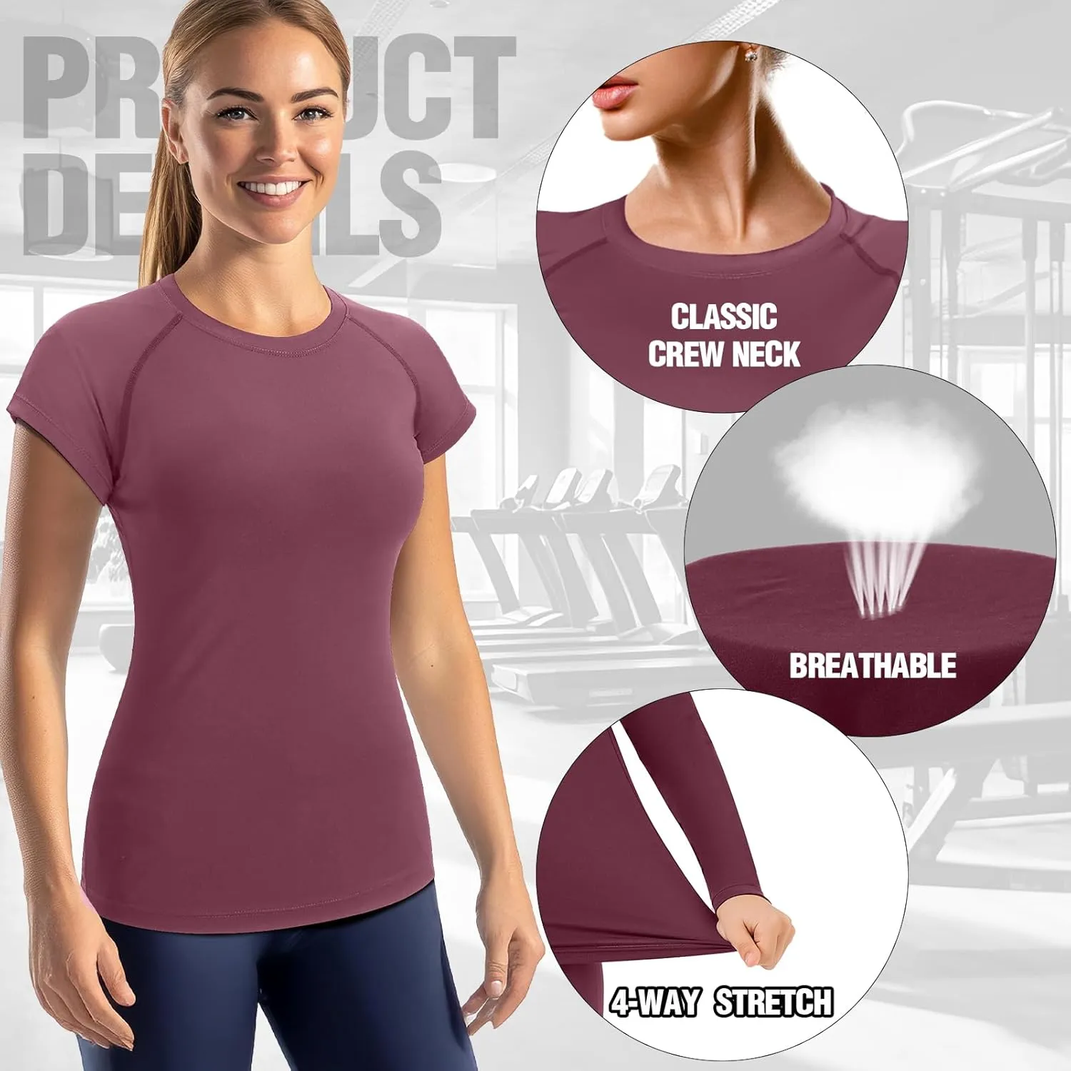 Coume 5 Pack Women's Compression Shirts Short Sleeve Workout Tops Dry Fit Crew Neck Athletic T Shirts Yoga Running Tight Tee