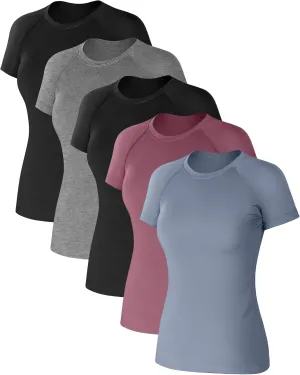 Coume 5 Pack Women's Compression Shirts Short Sleeve Workout Tops Dry Fit Crew Neck Athletic T Shirts Yoga Running Tight Tee