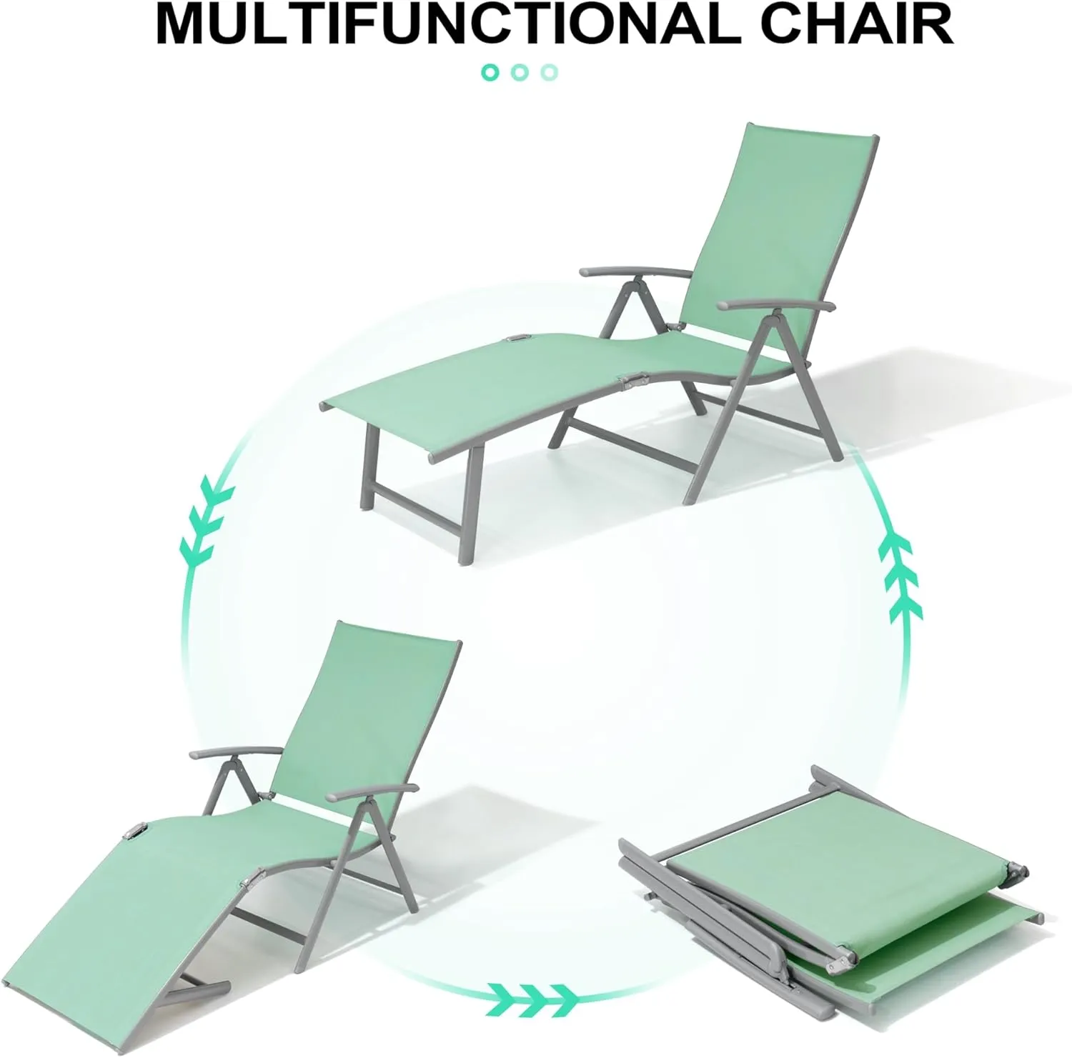 Crestlive Products Chaise Lounge Chair Outdoor Set of 2, Aluminum Folding Patio Recliner Chair, Adjustable 8 Positions Assemble-Free Perfect for Beach, Yard, Pool, Deck
