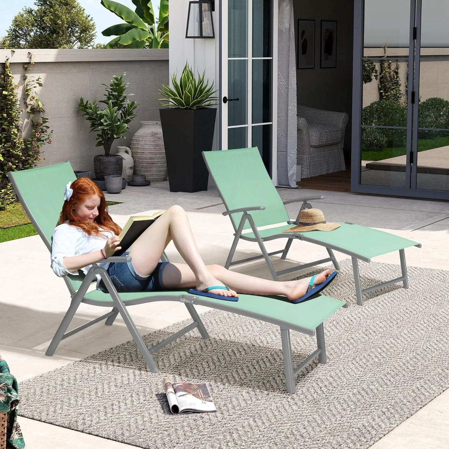 Crestlive Products Chaise Lounge Chair Outdoor Set of 2, Aluminum Folding Patio Recliner Chair, Adjustable 8 Positions Assemble-Free Perfect for Beach, Yard, Pool, Deck