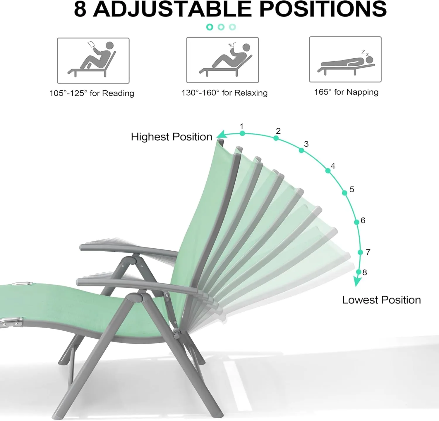 Crestlive Products Chaise Lounge Chair Outdoor Set of 2, Aluminum Folding Patio Recliner Chair, Adjustable 8 Positions Assemble-Free Perfect for Beach, Yard, Pool, Deck