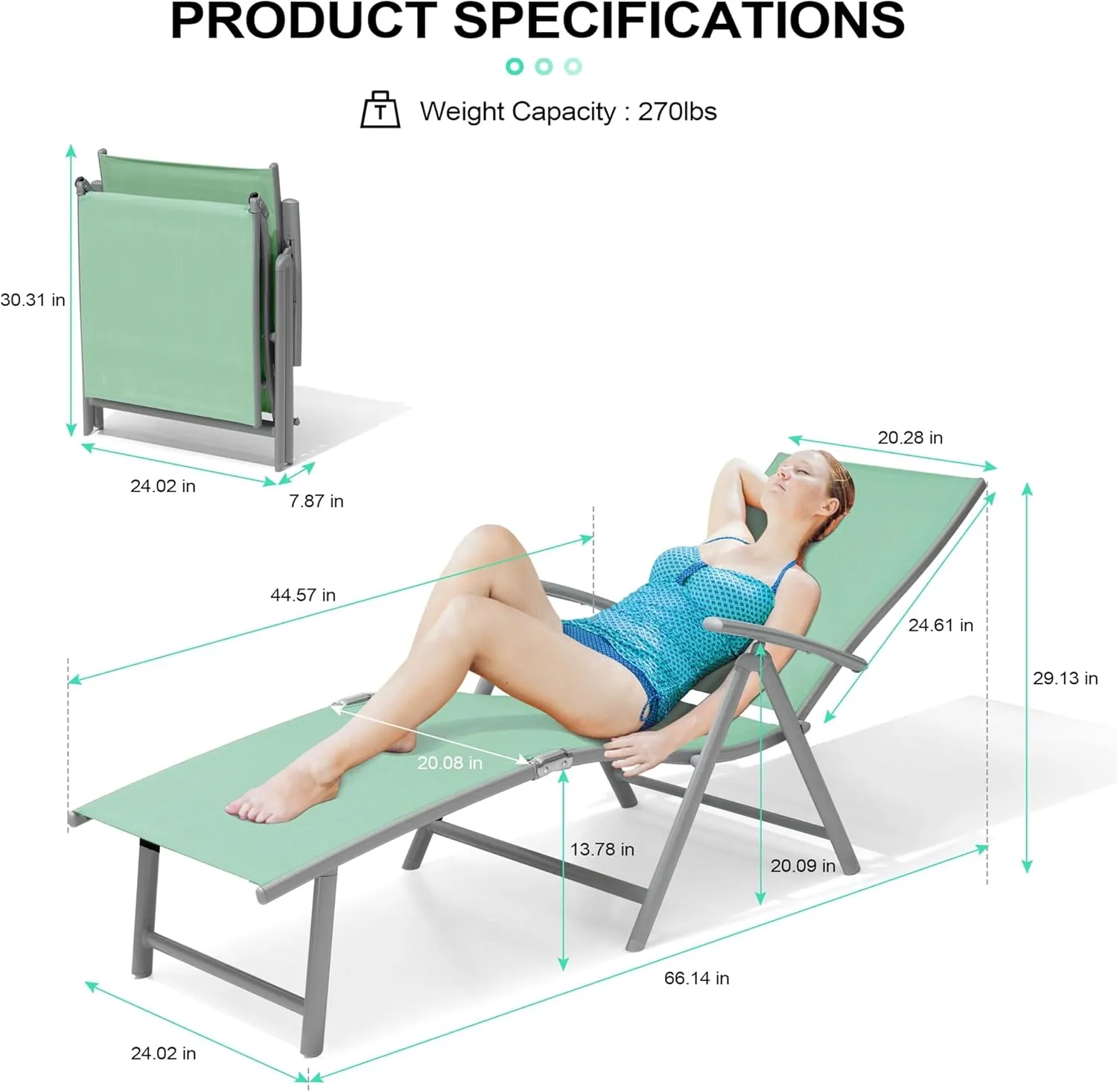 Crestlive Products Chaise Lounge Chair Outdoor Set of 2, Aluminum Folding Patio Recliner Chair, Adjustable 8 Positions Assemble-Free Perfect for Beach, Yard, Pool, Deck