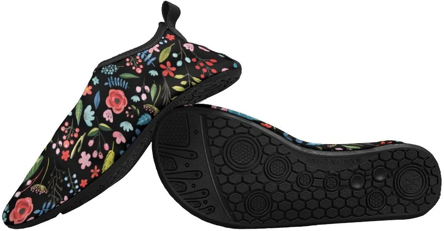 Cute Tropical Flowers & Leafs Botanical Pattern Men Women Water Shoes Quick-Dry Aqua Socks Barefoot Slip-on for Beach Swim Sport Surf Yoga Exercise