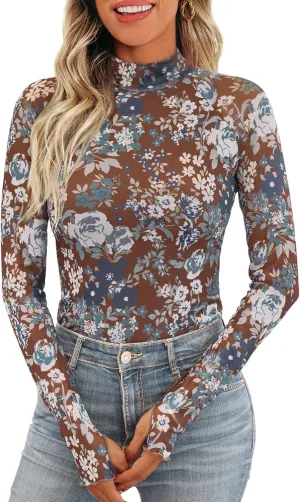 Dealmore Lace Long Sleeve Floral Mesh Mockneck Going Out Tops for Women Fashion Fall Outfits 2025
