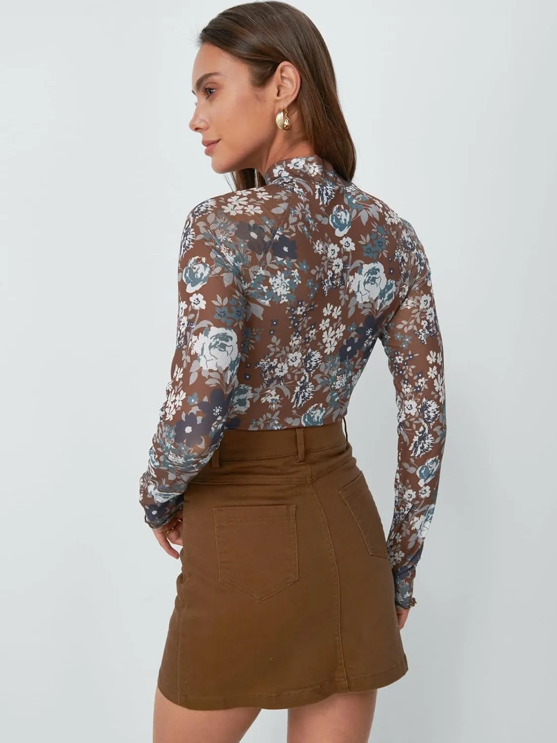 Dealmore Lace Long Sleeve Floral Mesh Mockneck Going Out Tops for Women Fashion Fall Outfits 2025