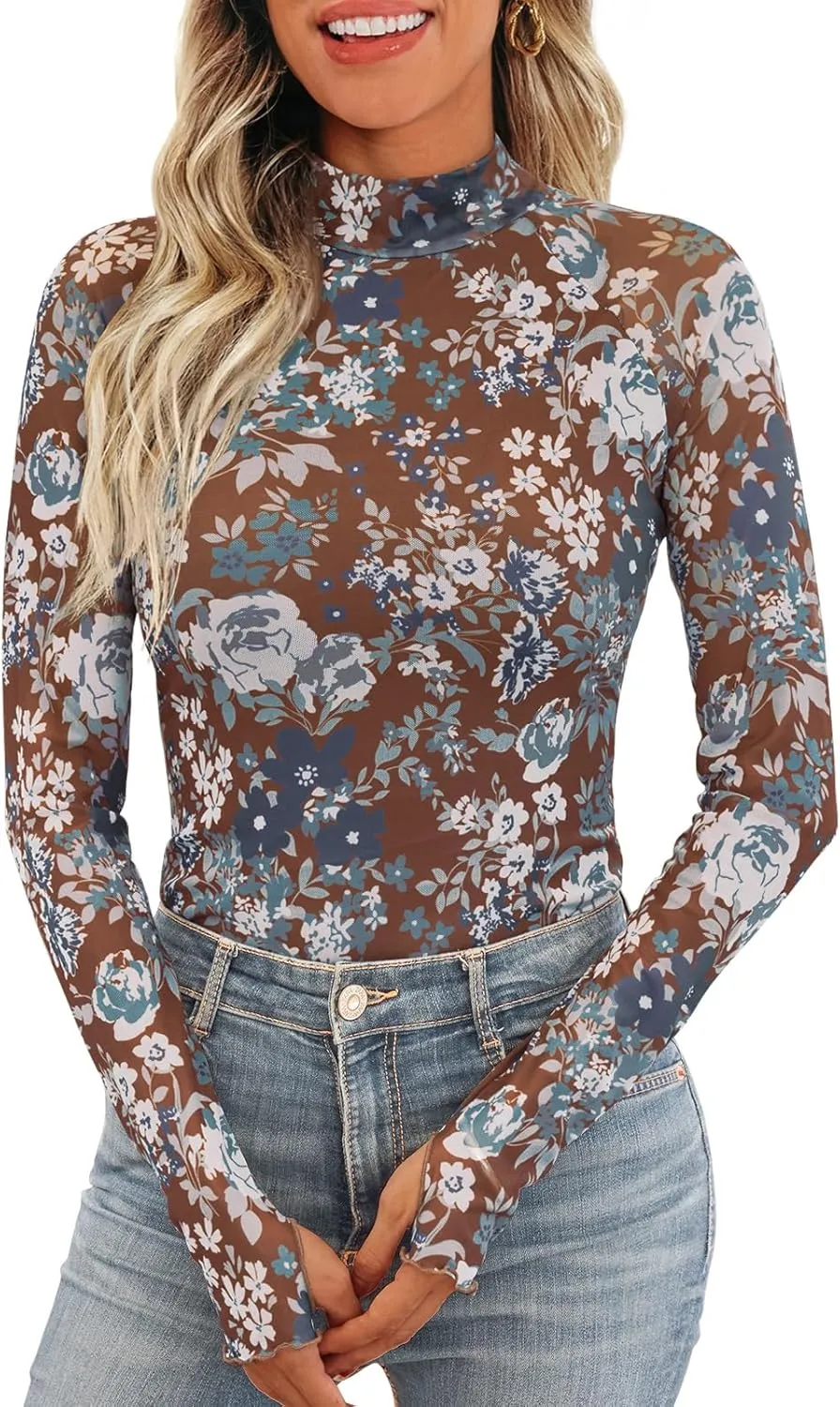 Dealmore Lace Long Sleeve Floral Mesh Mockneck Going Out Tops for Women Fashion Fall Outfits 2025