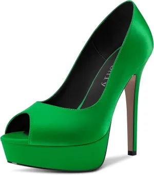 DearOnly Womens Platform Pumps Peep Open Toe High Stiletto Heel Slip On Satin Dress Shoes Bridal Wedding Classic Vintage 5 Inch