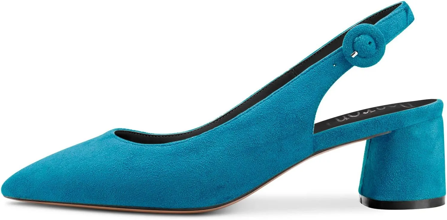 DearOnly Womens Pumps Slingback Ankle Strap Low Kitten Block Chunky Heel Pointed Toe Slip On Dress Shoes Suede Cute Vintage Comfort 2 Inch