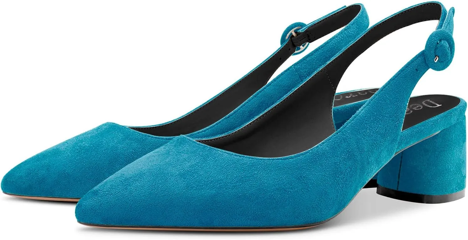 DearOnly Womens Pumps Slingback Ankle Strap Low Kitten Block Chunky Heel Pointed Toe Slip On Dress Shoes Suede Cute Vintage Comfort 2 Inch