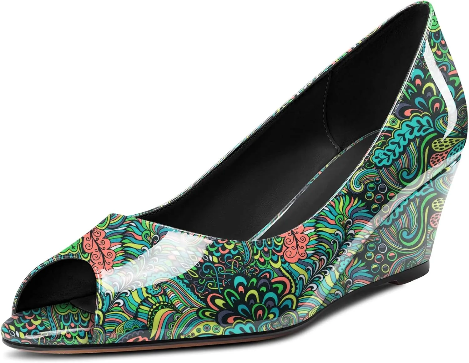DearOnly Womens Wedge Pumps Peep Open Toe Slip On Low Block Chunky Heel Patent Dress Shoes Cute 2 Inch