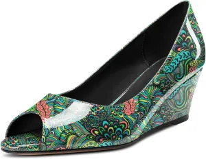 DearOnly Womens Wedge Pumps Peep Open Toe Slip On Low Block Chunky Heel Patent Dress Shoes Cute 2 Inch