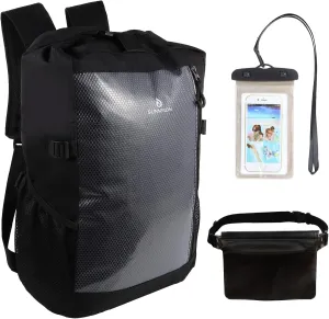 Dry Bag Backpack,25L Dry bags waterproof Kayaking, Waterproof bag with Waist Pouch and Phone Case,Waterproof Backpack Marine dry bag for Kayaking, Beach, Rafting, Boating (Black)
